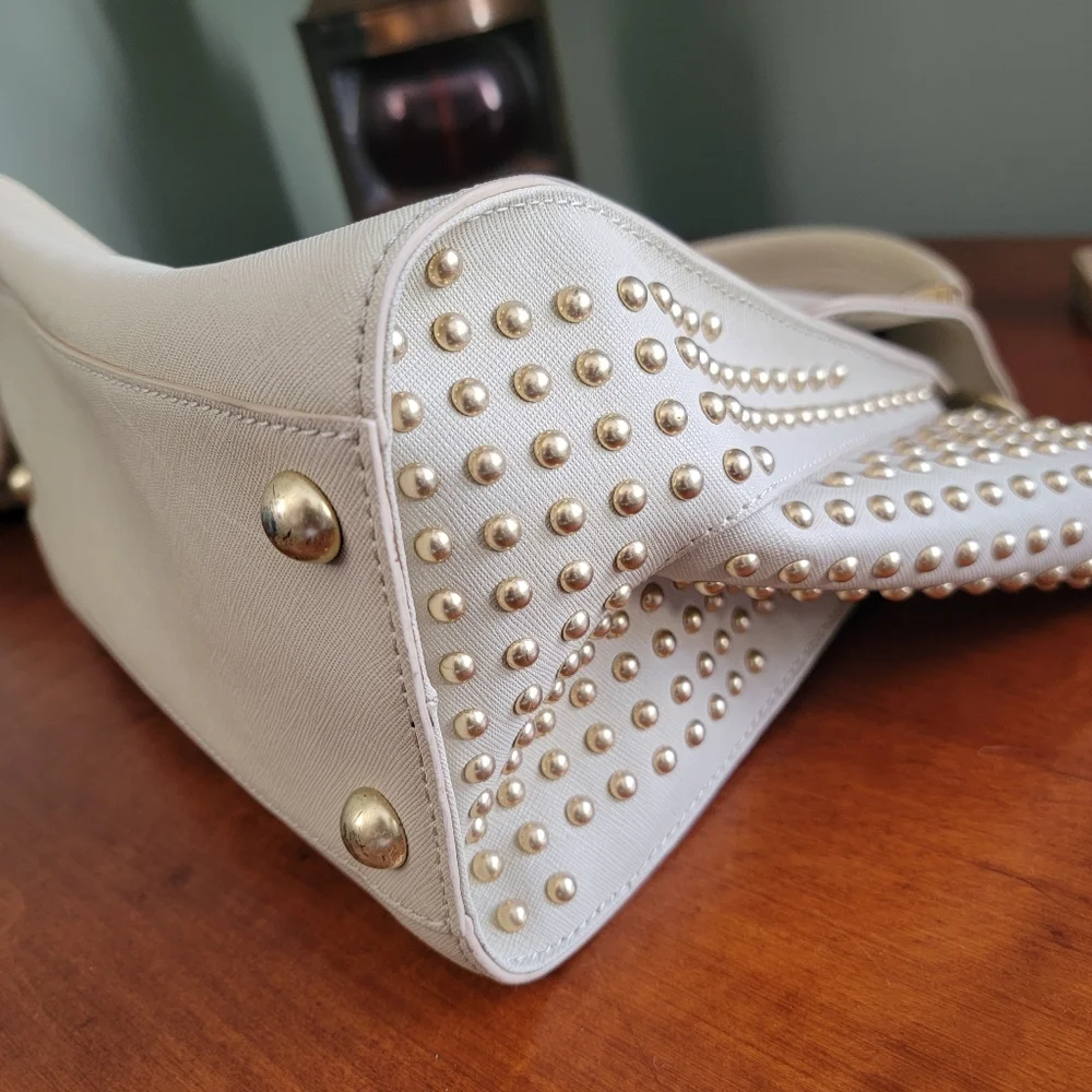 Zac Posen Eartha Studded Cream Saffiano Leather Satchel Crossbody Bag